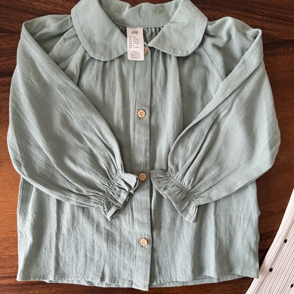 NWT H&M Sage Green Crepe Blouse and White Polka Dot Cotton Pants Set 12M